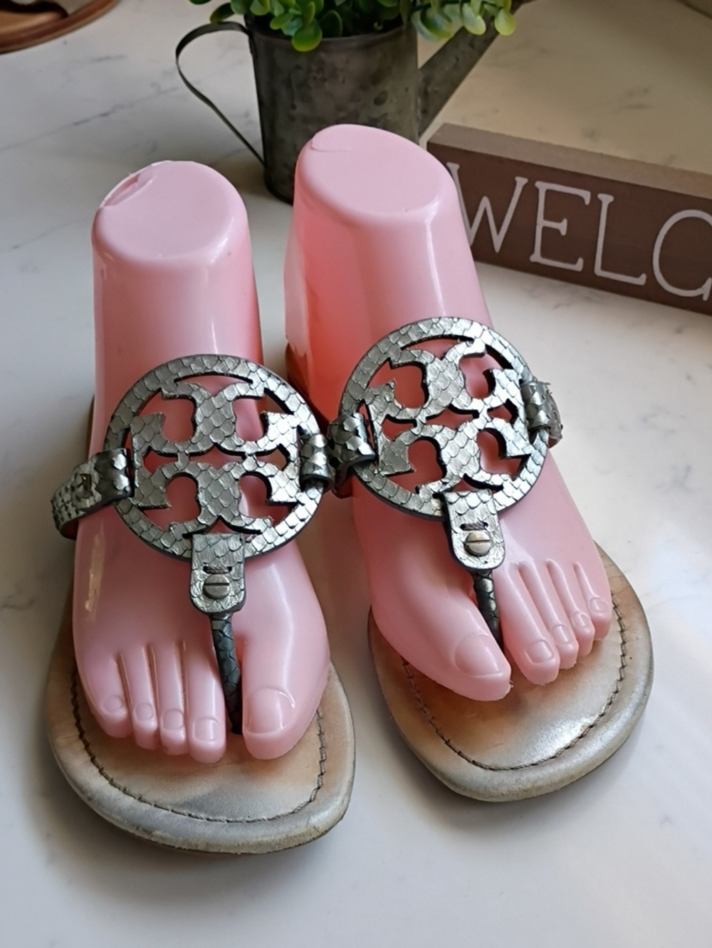 Tory Burch Miller Silver Logo Thong Sandals - Silver